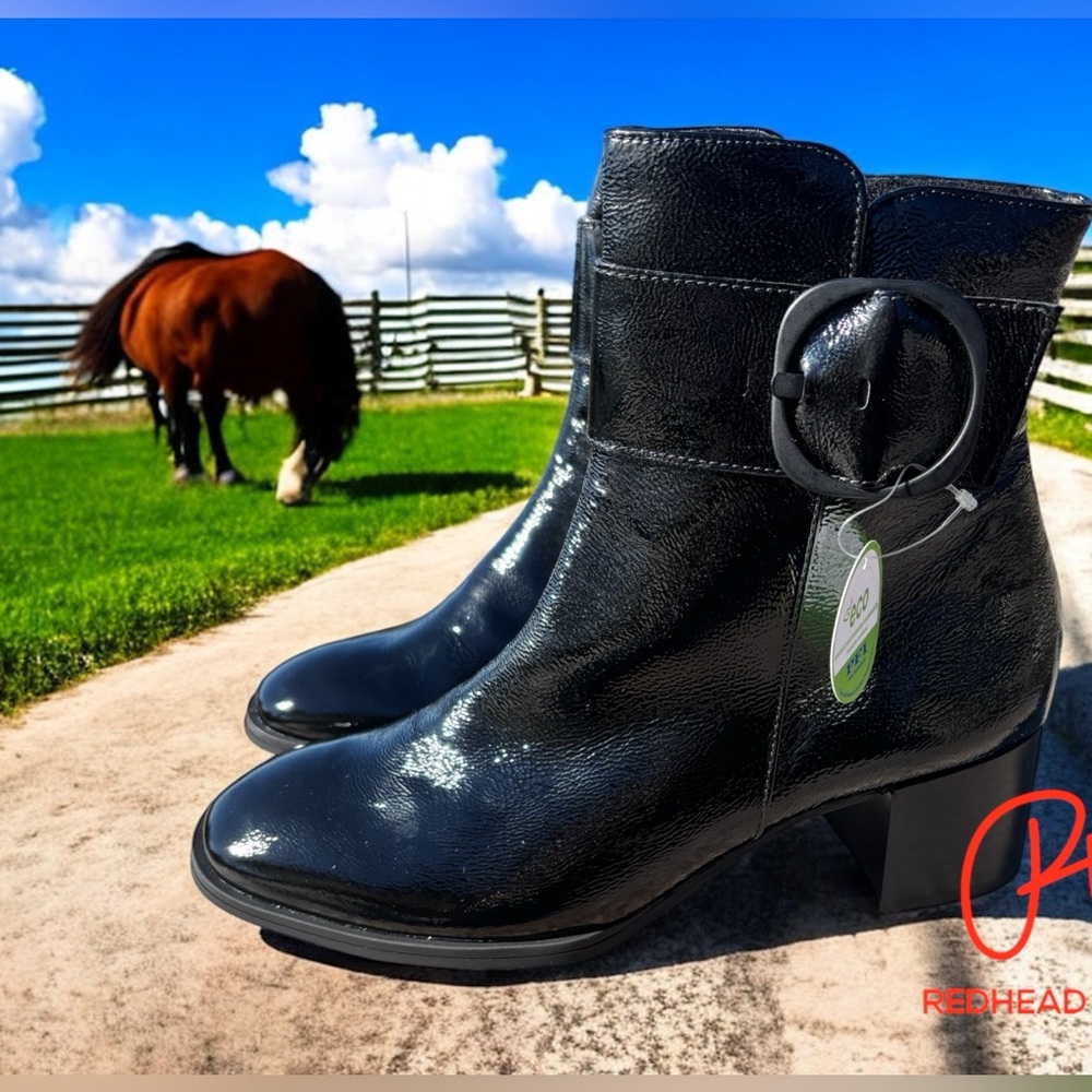 NEW $530 PAUL GREEN Panache Waterproof Bootie BLACK CRINKLED PATENT 8.5 US/6 AU